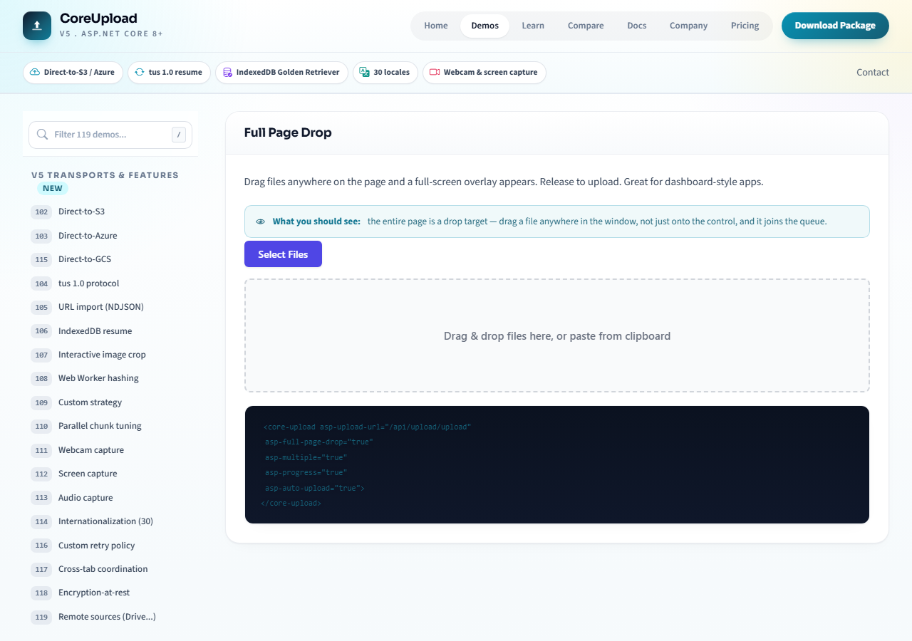 Full-page drop overlay accepting files anywhere