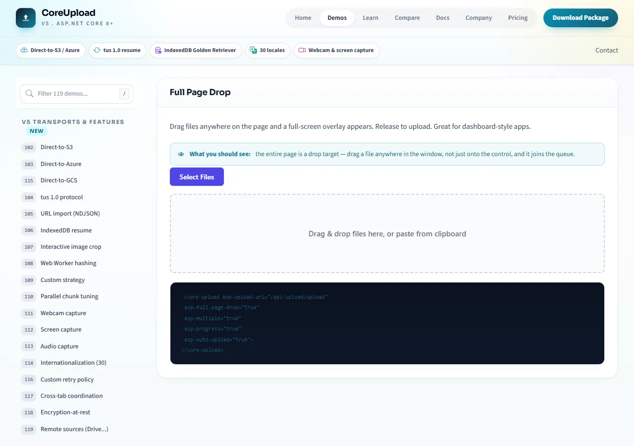Full-page drop overlay accepting files anywhere