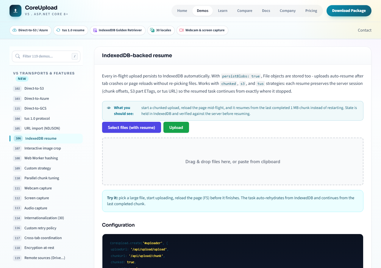 IndexedDB-backed resume of an interrupted upload
