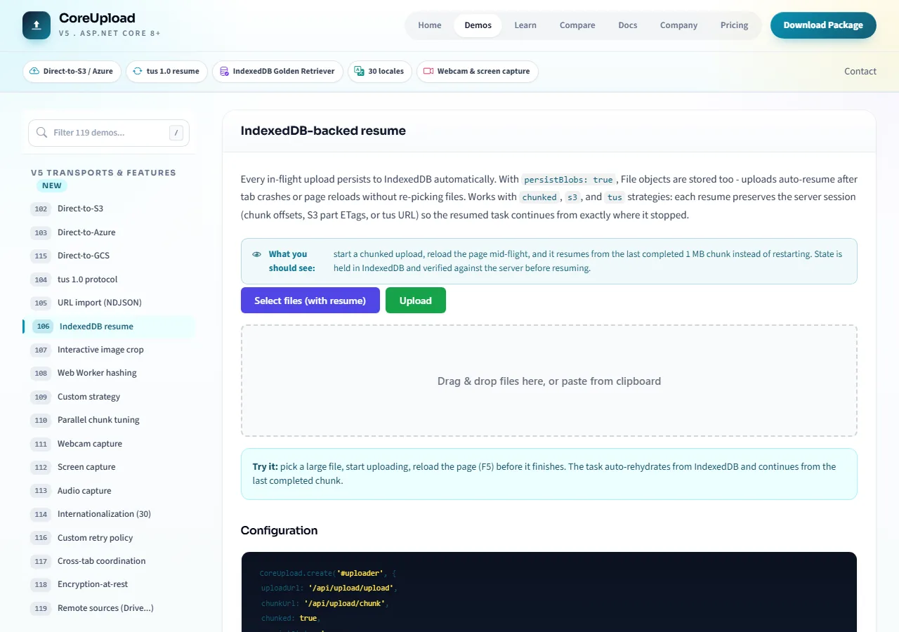 IndexedDB-backed resume